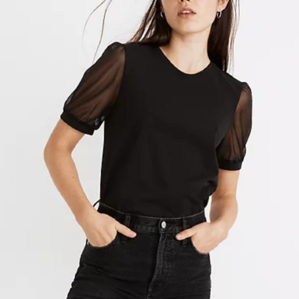 MADEWELL BLACK SHEER-SLEEVE KNIT TOP - Picture 2 of 4